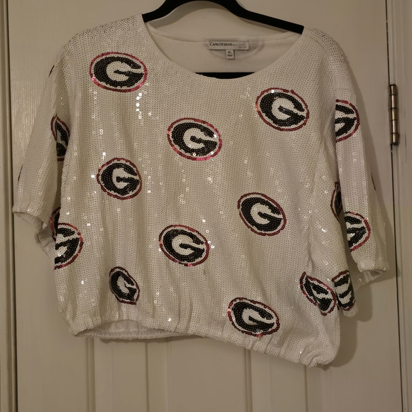 Capri Designs Kickoff Apparel Tops - White Sequin Crop Top with UGA Logo Pattern